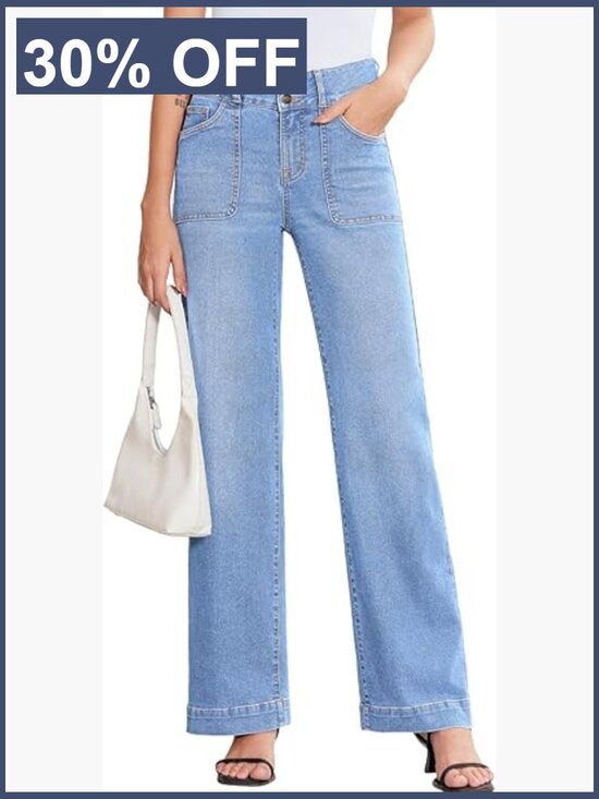 Denim - High Waisted Wide Leg Jeans Stretchy Tummy Control Straight Leg Denim Pants